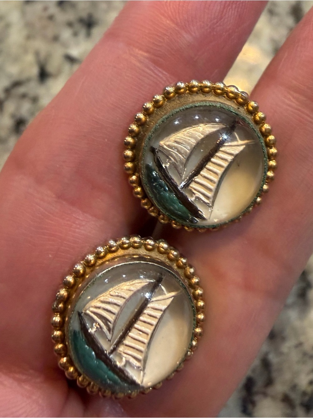 Vintage Gold Toned Reverse Carved and Painted Bubble Glass Sailboat Cuff Links